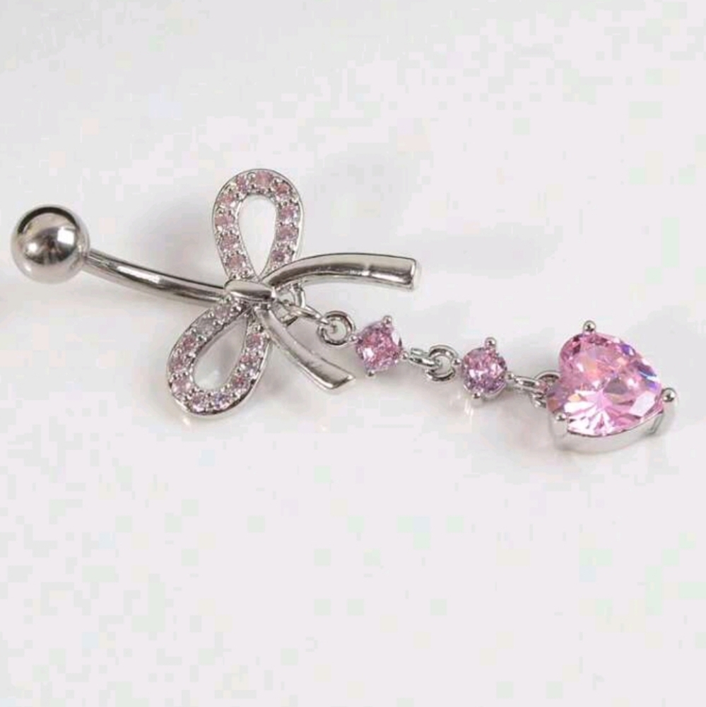 Pink Rhinestone Bow With Dangling Rounds & Heart Bellybutton Ring Jewelry (OS) - Picture 4 of 8